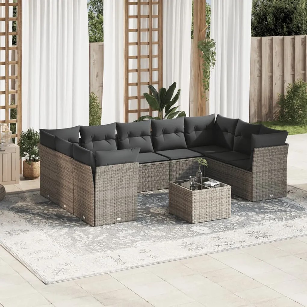 Set Divano da Giardino 10 pz con Cuscini Grigio in Polyrattan