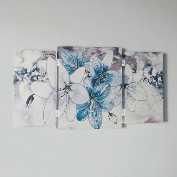 Quadro stampa su tela a TRIS 70x140 cm telaio in legno con disegno floreale Blu