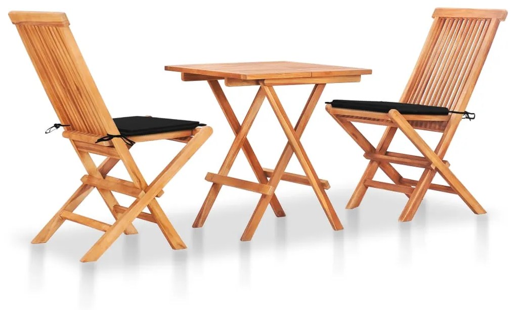 Set Da Bistrot 3 Pz Con Cuscini Neri İn Legno Massello Di Teak /