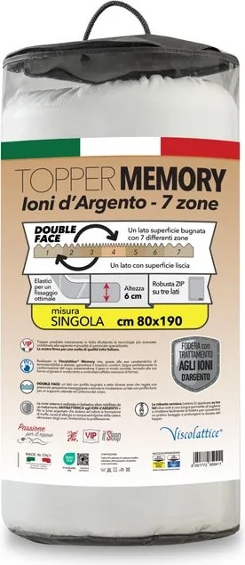 Topper Memory Ioni in poliestere, imbottitura schiuma di poliuretano, L 190 cm x L 80 cm x H 6 cm