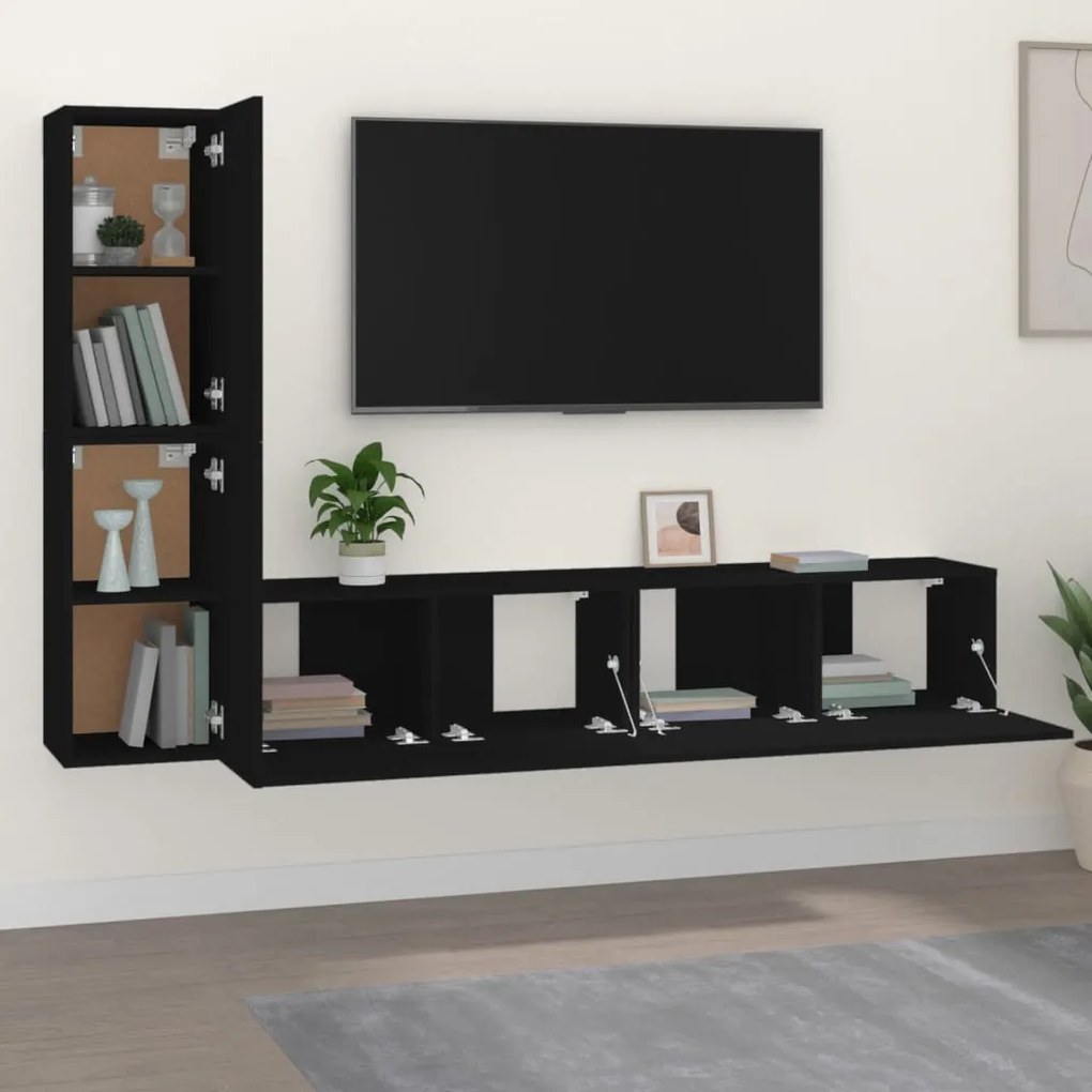 Set mobili porta tv 4 pz nero in legno multistrato