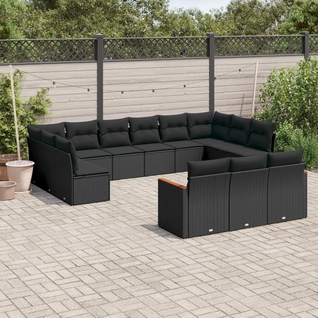 Set divani da giardino 13pz con cuscini nero in polyrattan