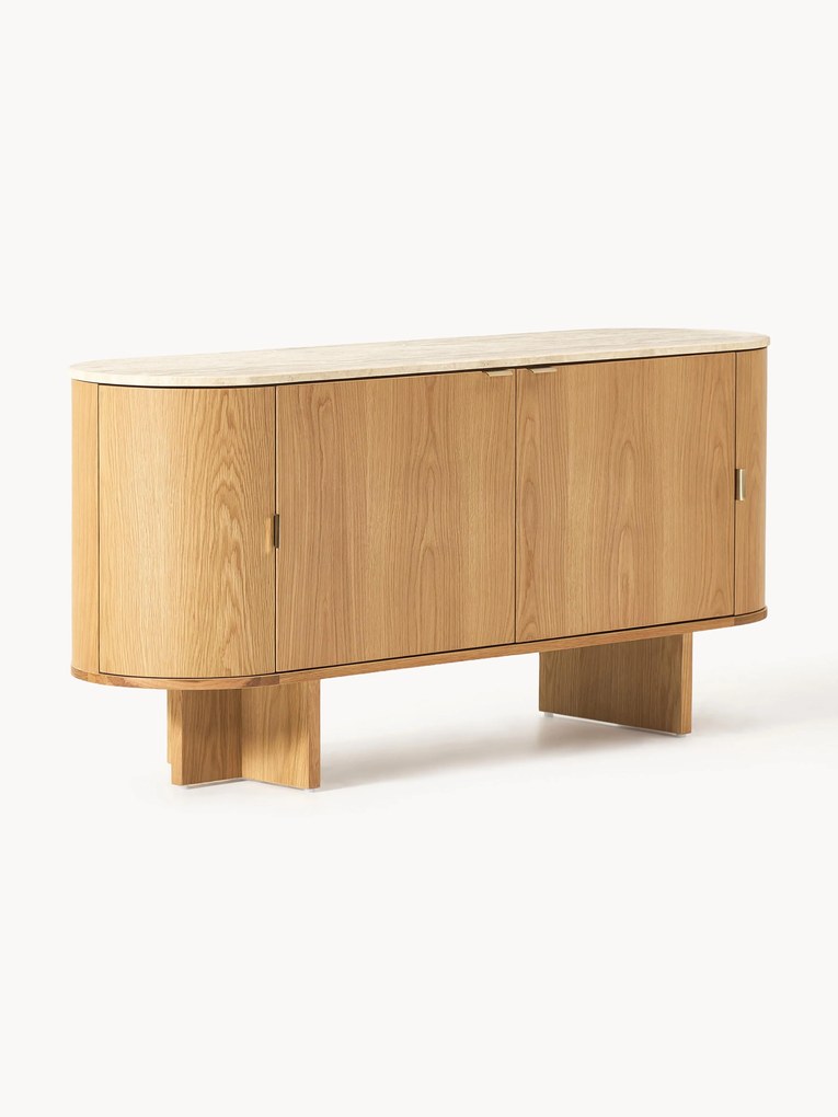 Credenza in legno con angoli arrotondati e piano in travertino Zumi