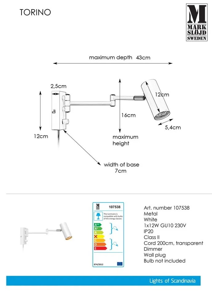 Lampada da parete in metallo bianco Torino - Markslöjd
