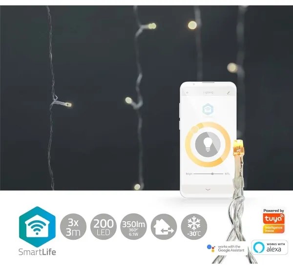 Nedis WIFILXC01W200- Tenda di Natale LED 200xLED/8 funzioni 6m IP65 Wi-Fi Tuya caldo