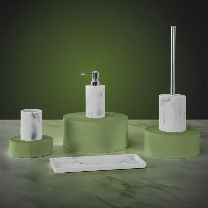Set accessori bagno effetto marmo 3 pezzi con dispenser portaspazzolino e vassoio in resina Ivy