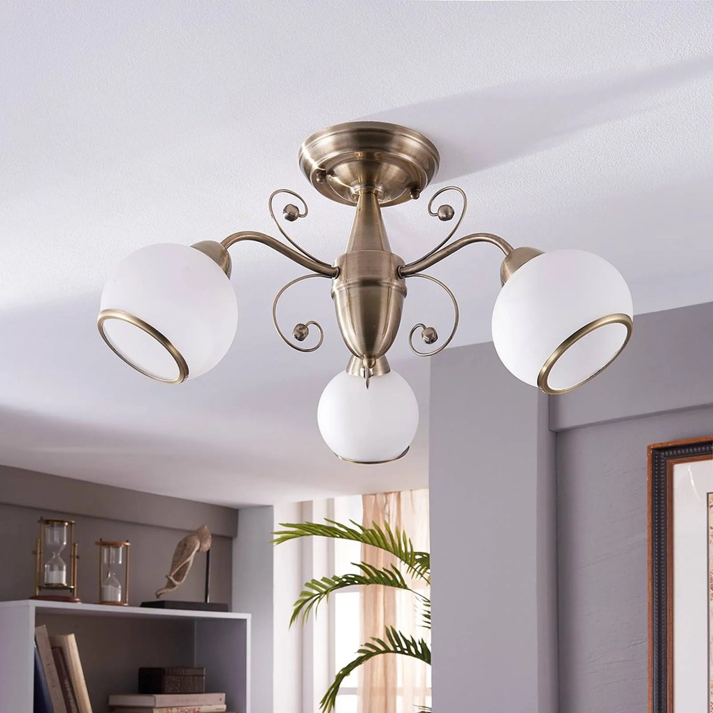 Plafoniera Lindby Corentin, a 3 luci, bianco/ottone, vetro