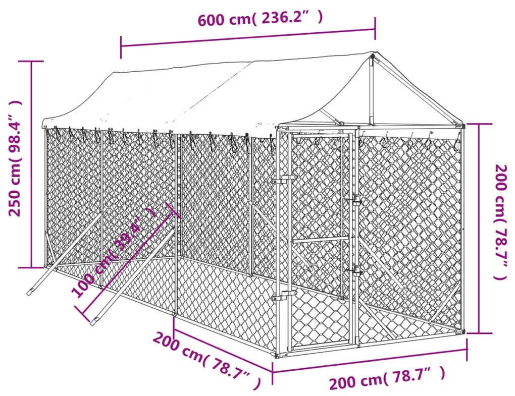 Cuccia cani da esterno tetto argento 2x6x2,5 m acciaio zincato