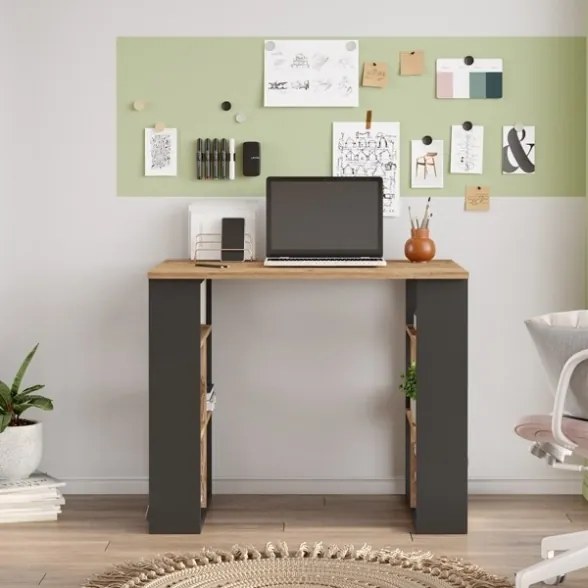 Scrivania Libreria Con Ripiani Laterali 90x60x74H Rovere E Antracite Bremen