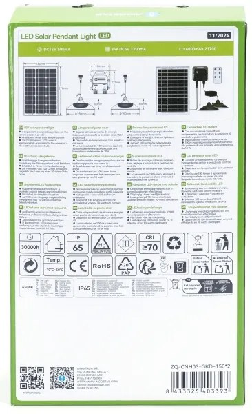 Aigostar - Lampadario solare LED con sensore 2xLED/35W/12V 6000 mAh 6500K diametro 15 cm