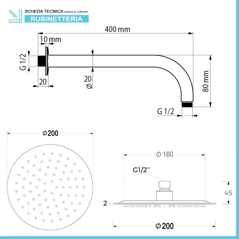 Set doccia incasso completo tondo Serena con soffione 20 cm e kit doccetta