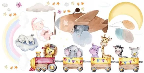 Simpatico adesivo per bambini sul muro - animali in un treno 80 x 160 cm 60 x 120 cm