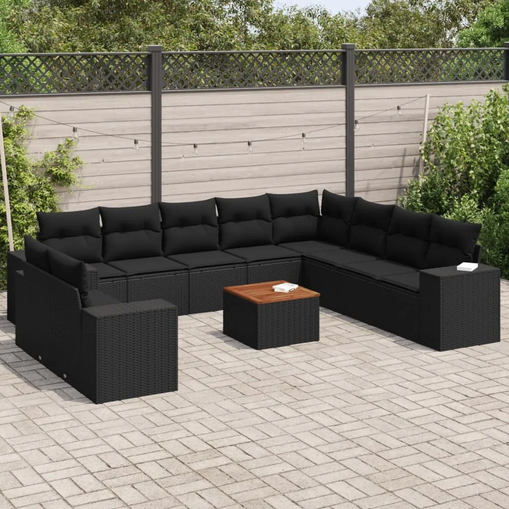 Set divani da giardino 11 pz con cuscini in polyrattan nero