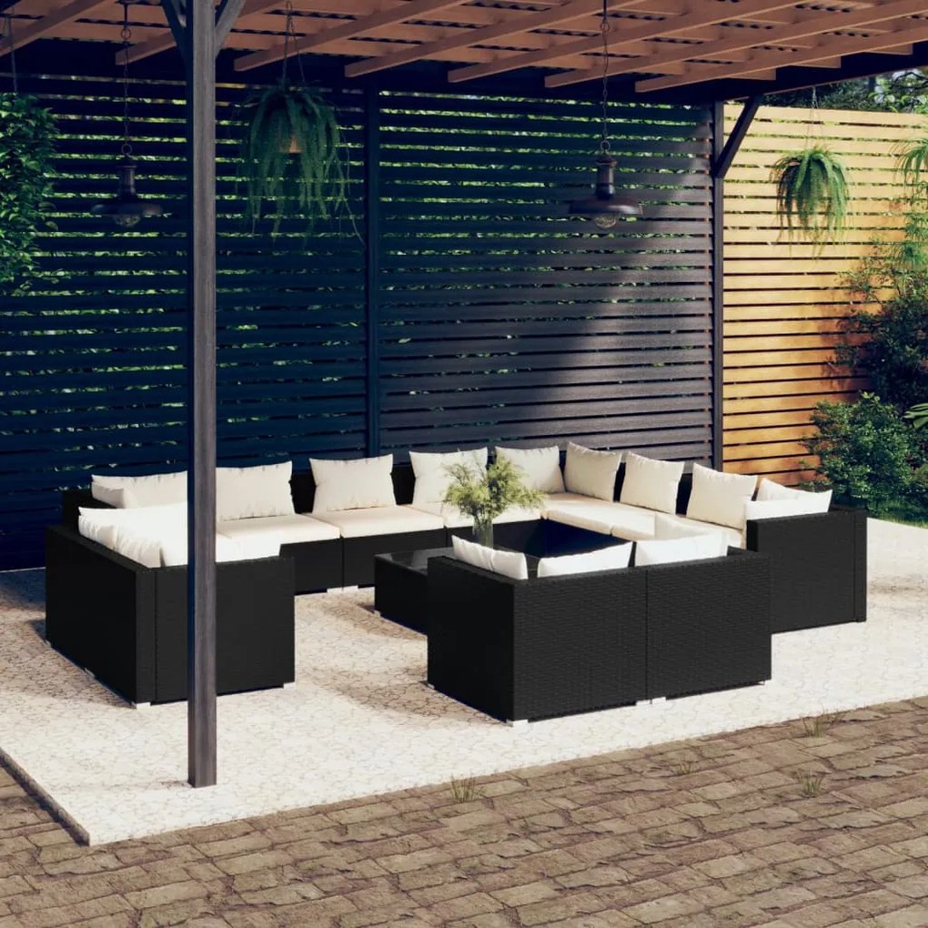 Set divani da giardino 13 pz con cuscini in polyrattan nero