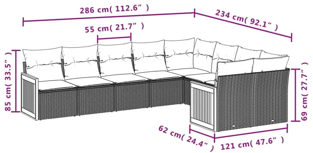 Set Divano da Giardino 9 pz con Cuscini Beige in Polyrattan