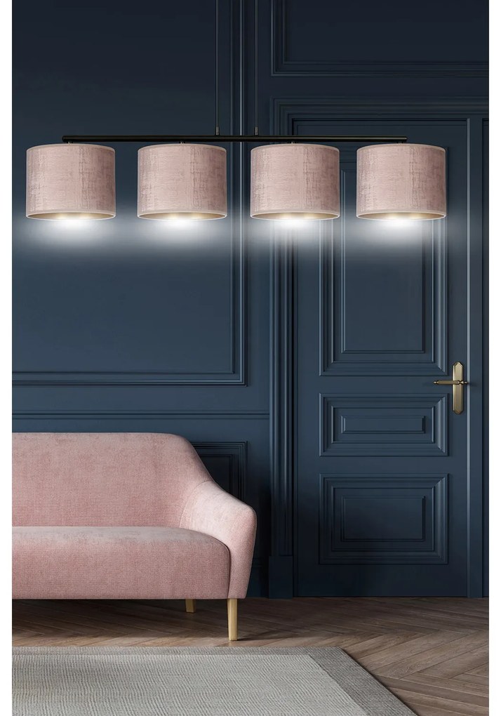 Lampadario 4 Luci Ganesha In Acciaio Nero E Paralumi In Tessuto Rosa
