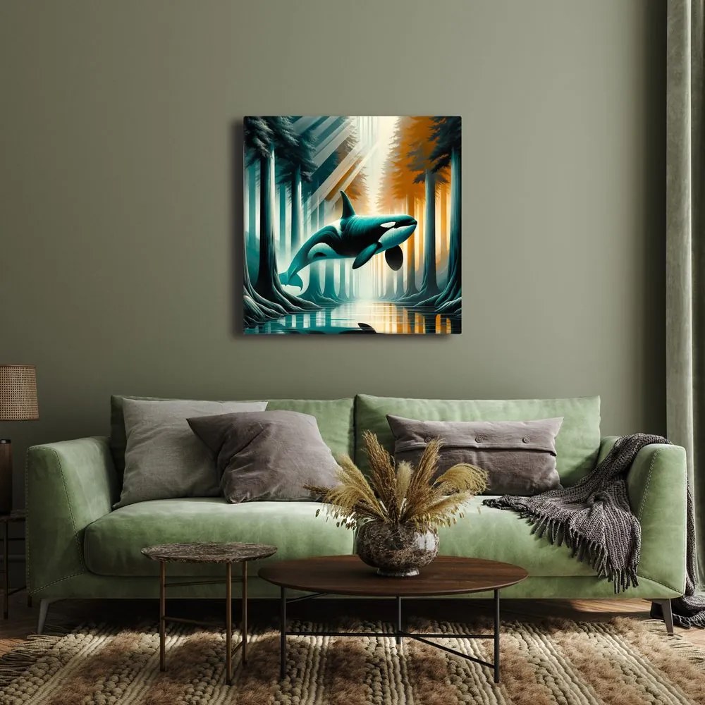 Quadro su tela – Foresta luminosa e orca