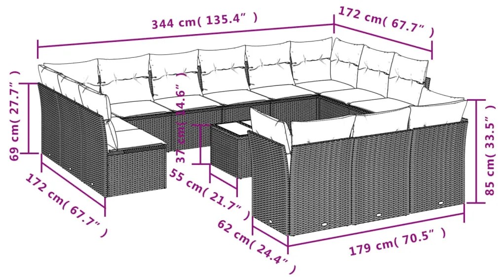 Set divani da giardino 14pz con cuscini in polyrattan