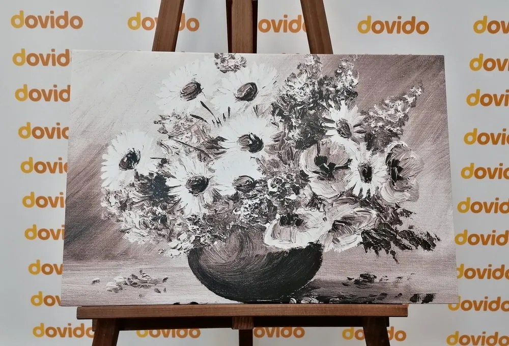 Stampa su tela – Dipinto a olio di fiori estivi in bianco e nero