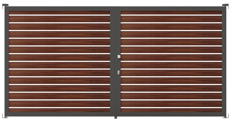 Cancello manuale battente ALBA Maia120-20 in alluminio, apertura centrale, L 300 x H 190 cm, di colore noce