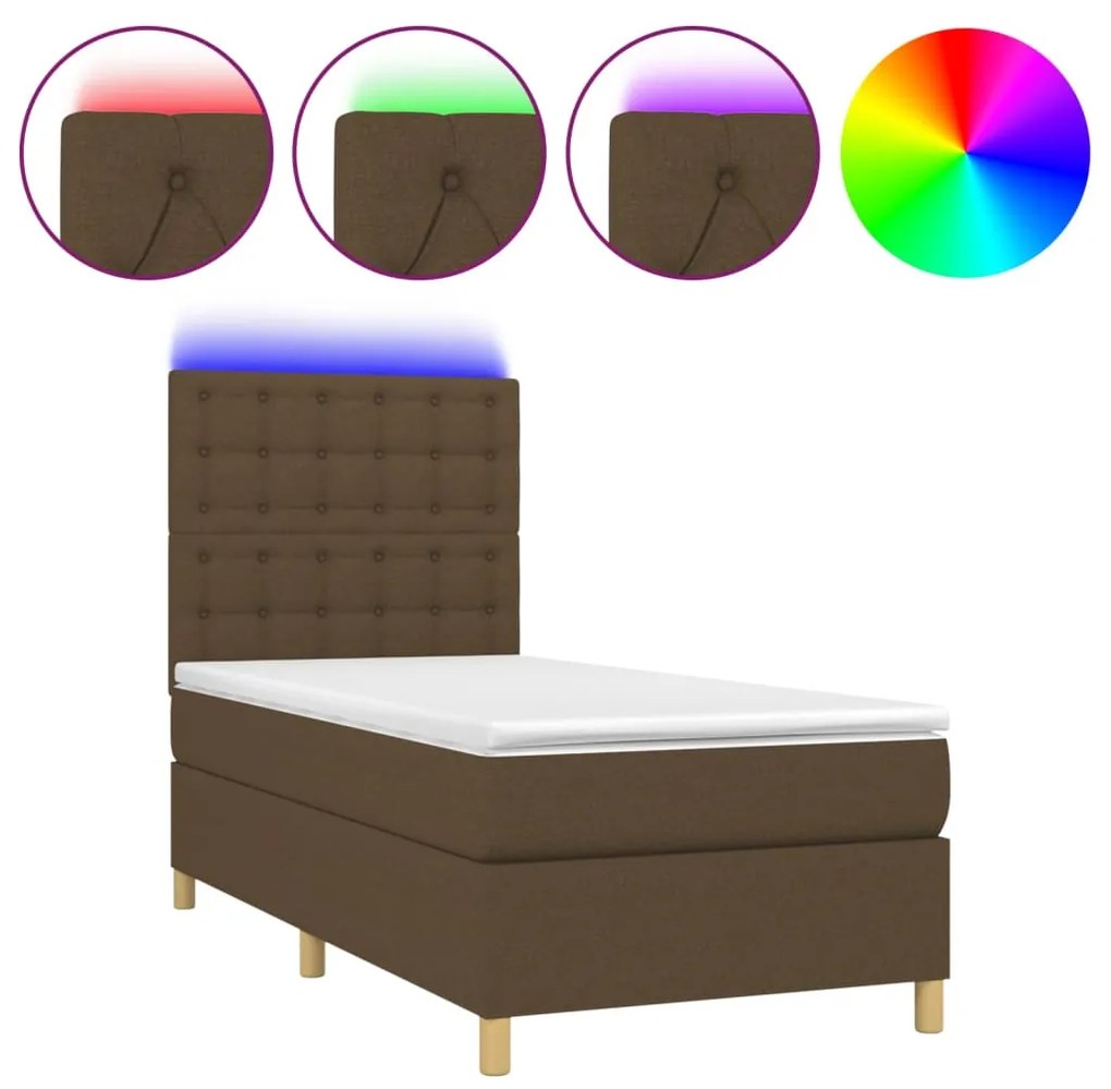 Letto a molle materasso e led marrone scuro 90x200cm in tessuto