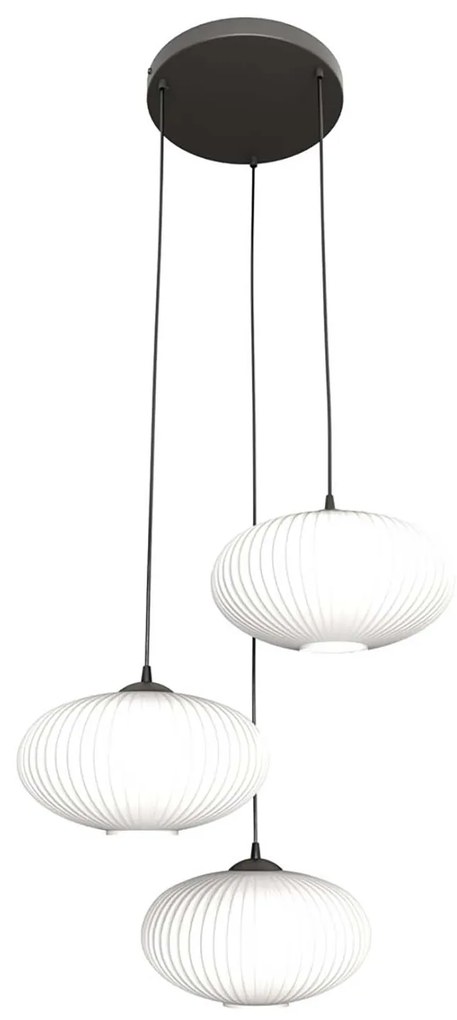 Lampadario 3 Luci Iris Base Tonda In Acciaio Nero Paralume Plissettato Bianco