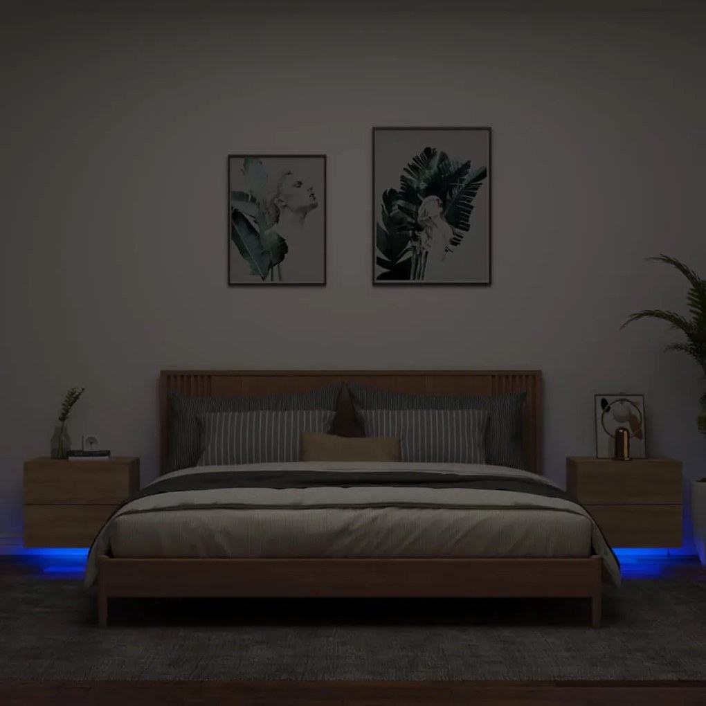 Comodini A Parete Con Luci Led 2 Pz Rovere Sonoma /