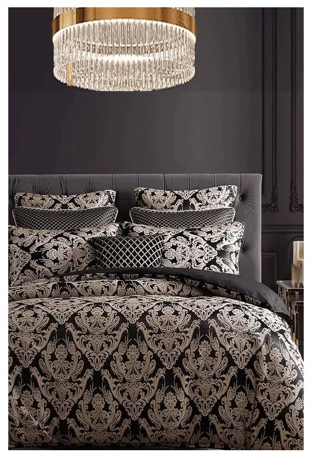 Set copripiumino e federa nero in cotone renforcé per letto matrimoniale/per letto esteso con lenzuolo incluso/4 pezzi 200x220 cm Damask – Mila Home