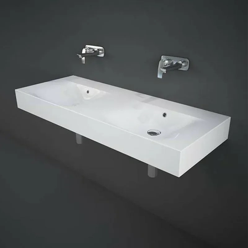 Lavabo sospeso doppio 120cm rettangolare in ceramica bianca senza foro per rubinetto Rak Des