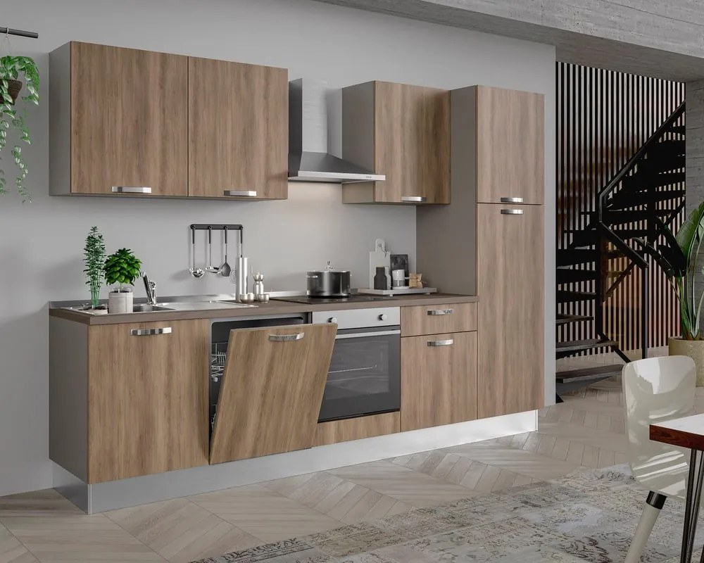 Cucina montata Dora rovere chiaro, lavello a sinistra, L 300 cm, completa di: cappa a camino, piano cottura a induzione, forno, lastoviglie, frigorifero