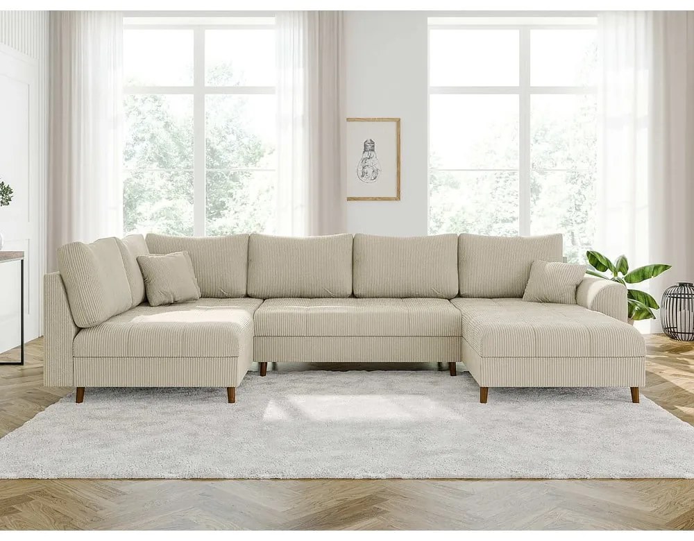 Divano angolare in velluto a coste color crema (angolo destro/U) Ariella - Ropez