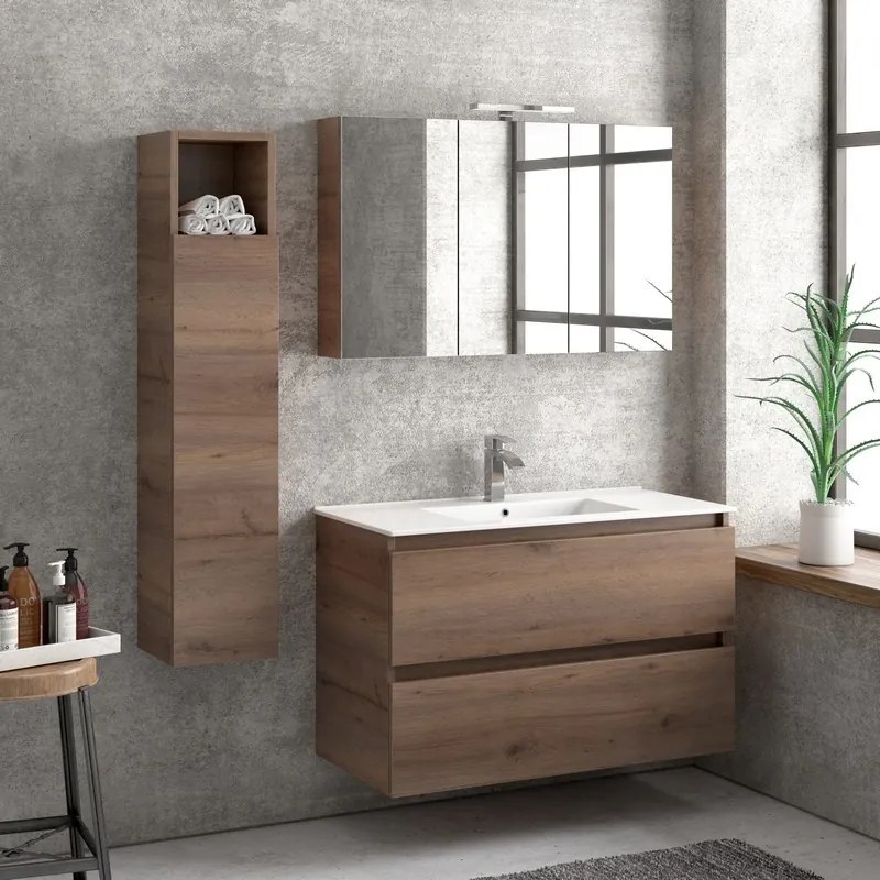 Composizione bagno sospesa 100cm: mobile con lavabo, specchio contenitore e colonna TOD-100F - KAMALU