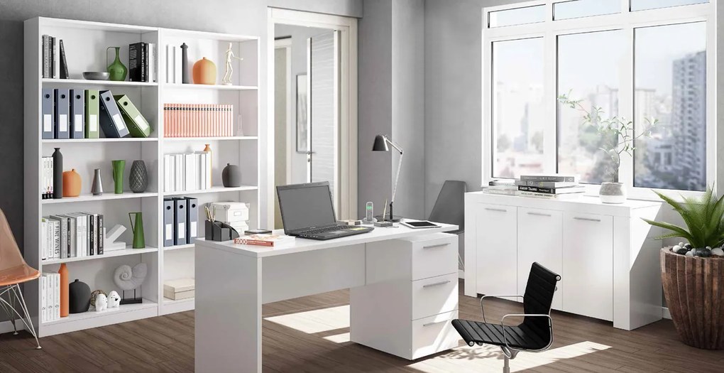Ufficio moderno composto da 2 librerie, scrivania e madia, Bianco Lucido