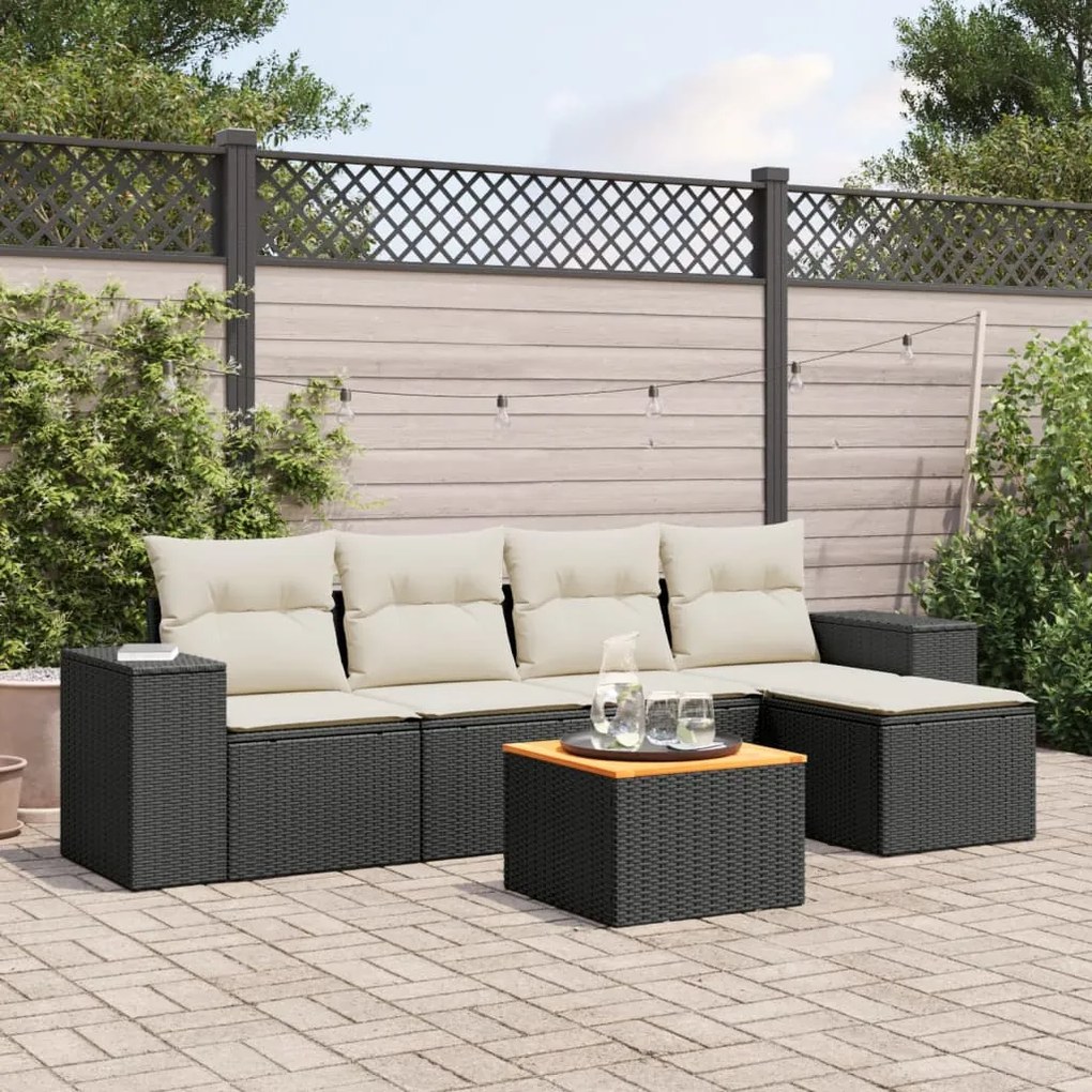 Set divano da giardino 6 pz con cuscini nero in polyrattan