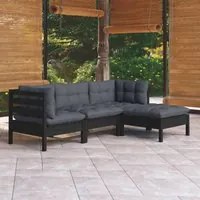 Set Divani da Giardino 4 pz con Cuscini Neri in Legno di Pino 3096350