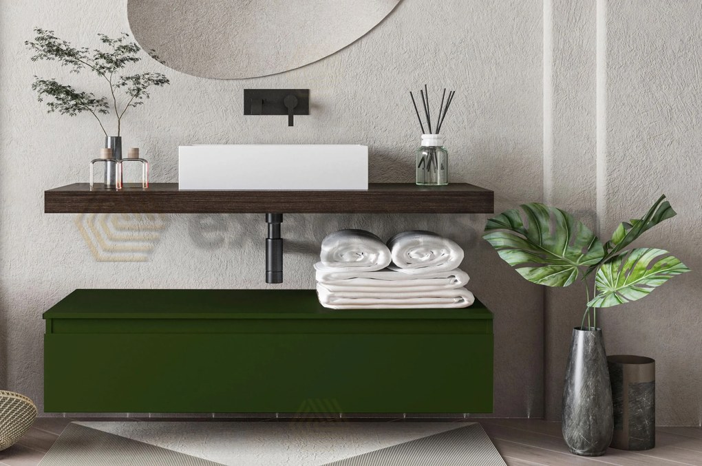 Mobile bagno caffe Verde opaco 120x50 Oasy un cassetto con top e lavabo rettangolare da appoggio