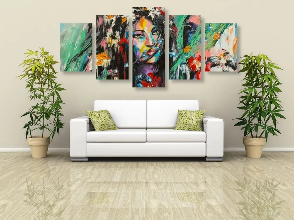 Quadri 5 pezzi – Pittura a olio donna e cavallo