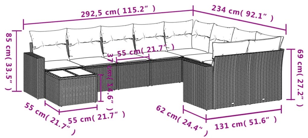 Set Divani da Giardino 10pz con Cuscini in Polyrattan Nero