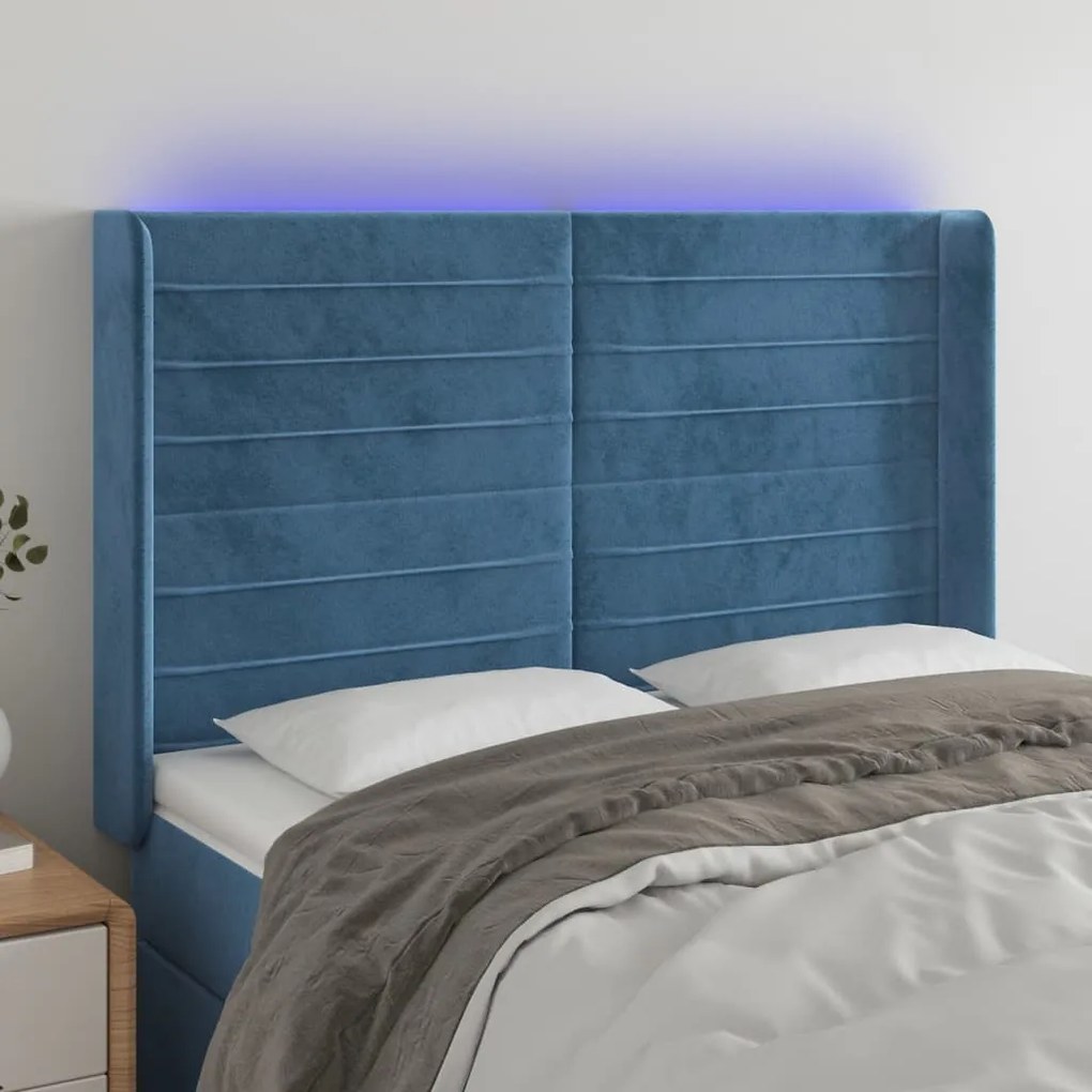 Testiera A Led Blu Scuro 147x16x118/128 Cm İn Velluto /