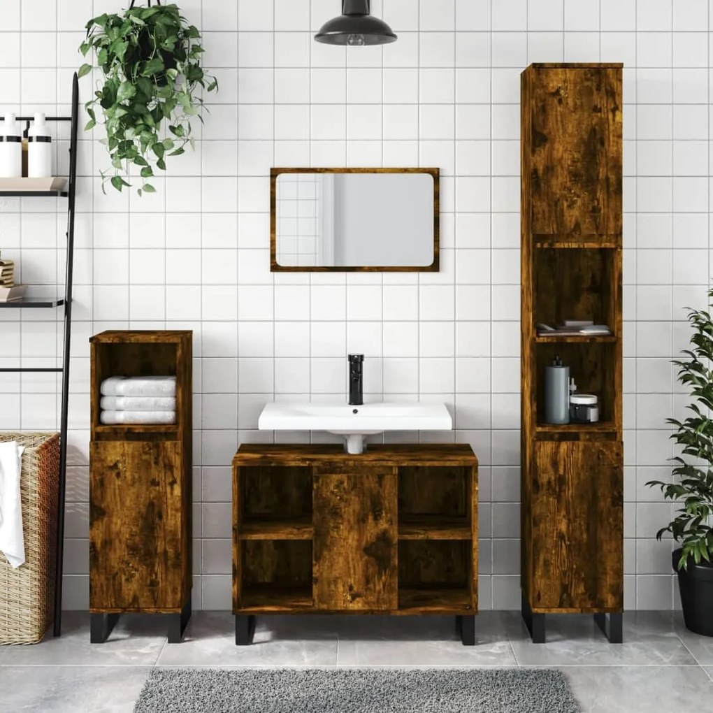 Set Mobili Da Bagno 3 Pz Rovere Fumo İn Legno Multistrato /
