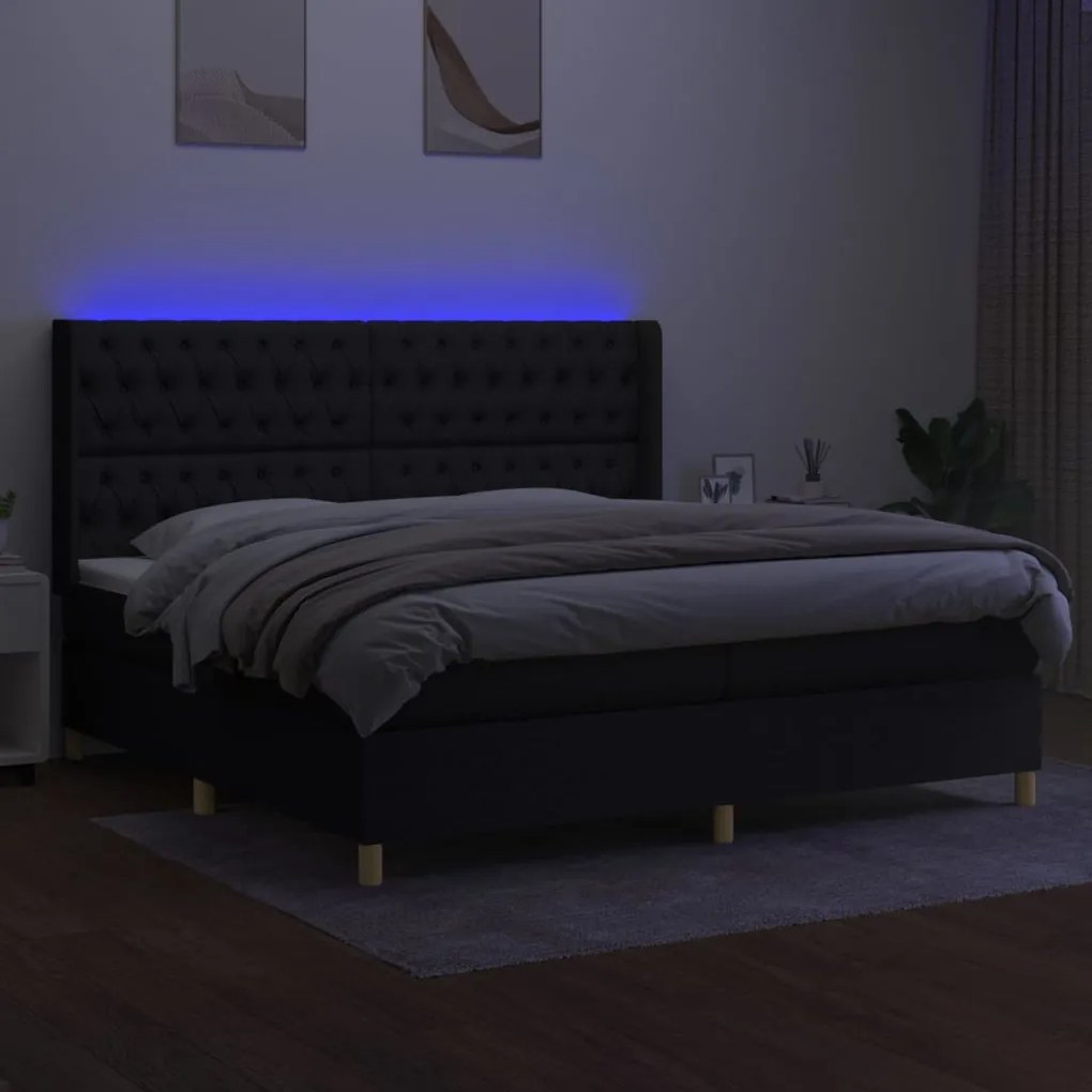 Letto a molle materasso e led nero 200x200cm in tessuto