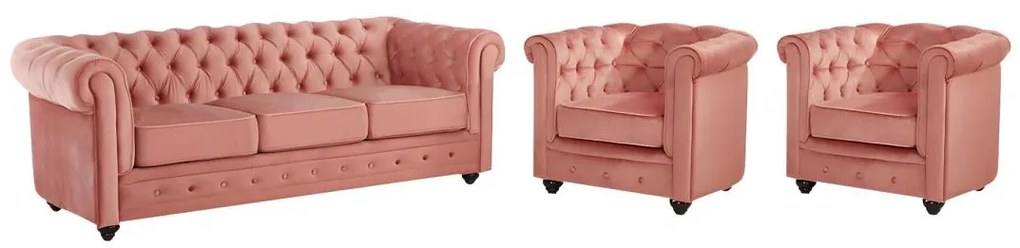 Divano CHESTERFIELD 3 posti e 2 poltrone in velluto Rosa cipria