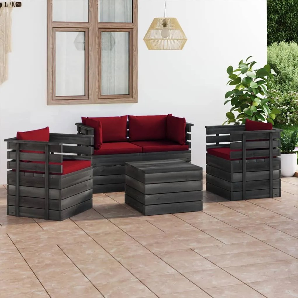 Set divani da giardino su pallet 5 pz con cuscini massello pino