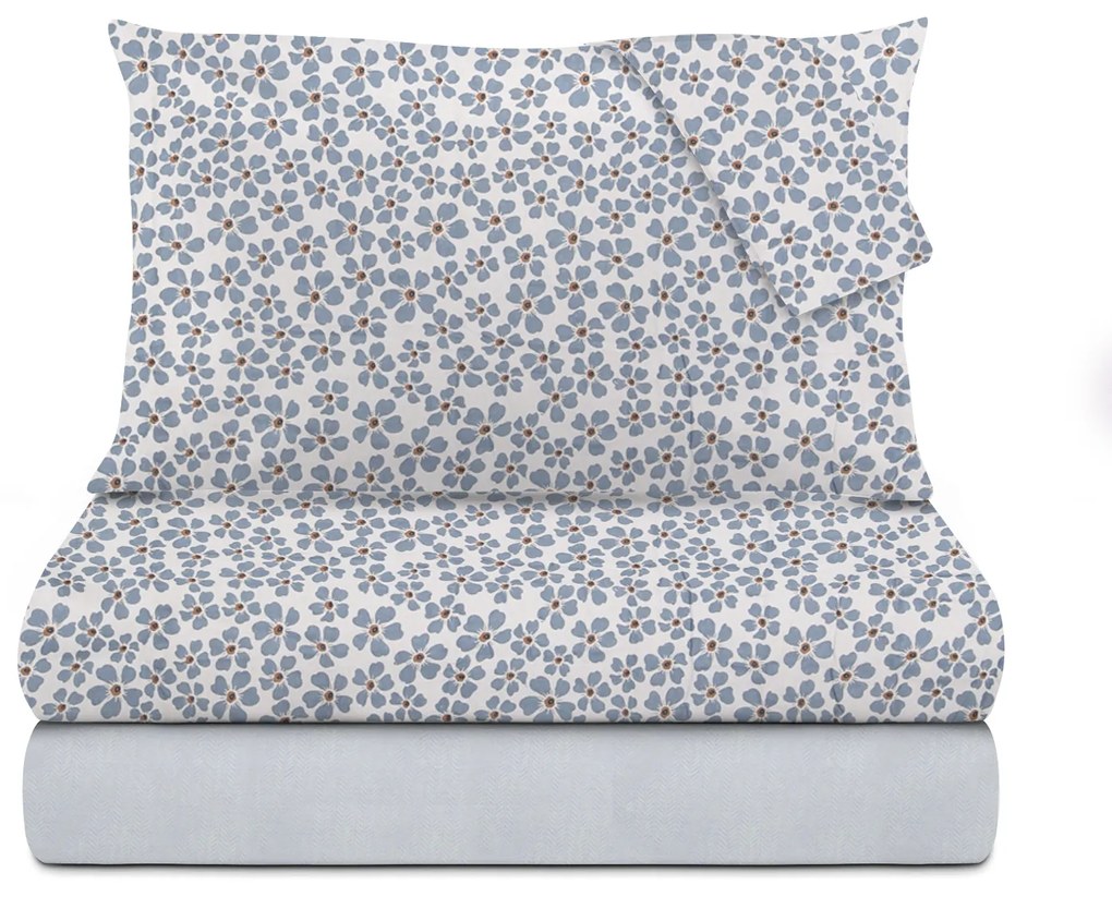 Completo letto matrimoniale fiori azzurri in flanella
