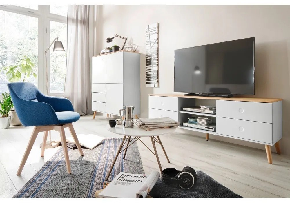 Tavolo TV bianco con gambe in rovere, larghezza 162 cm Dot - Tenzo