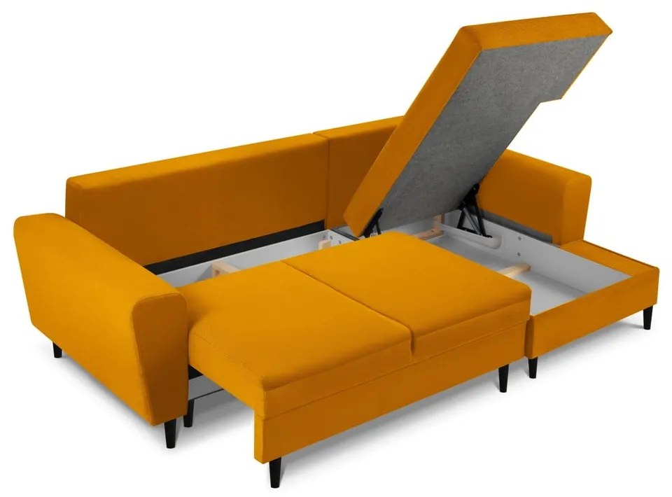 Divano angolare color senape allungabile e con contenitore (con penisola a destra/con chaise lounge) con rivestimento in velluto a coste Kyoto – Cosmopolitan Design