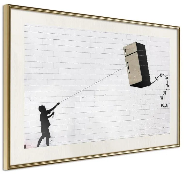 Poster  Banksy: Fridge Kite  Cornice Quadri Cornice d'oro con passe-partout, Larghezza x Altezza Home decor 90x60