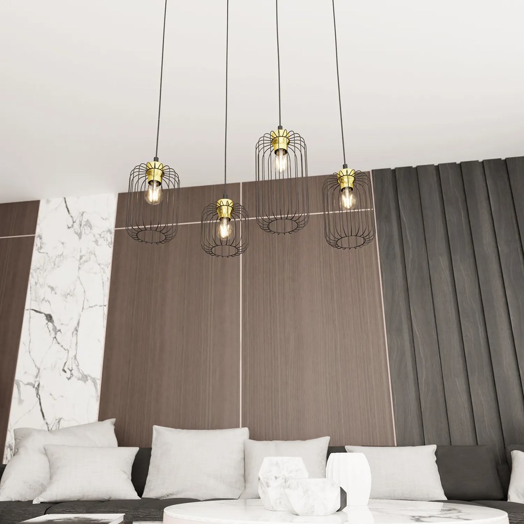 Sospensione Minimal Industrial Minerva 4 Luci Lineari Nera E Oro