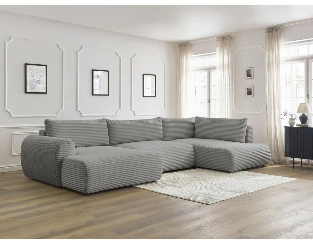 Divano angolare in grigio scuro allungabile (con penisola a sinistra/a forma di "U") con rivestimento in velluto a coste Lucien – Bobochic Paris