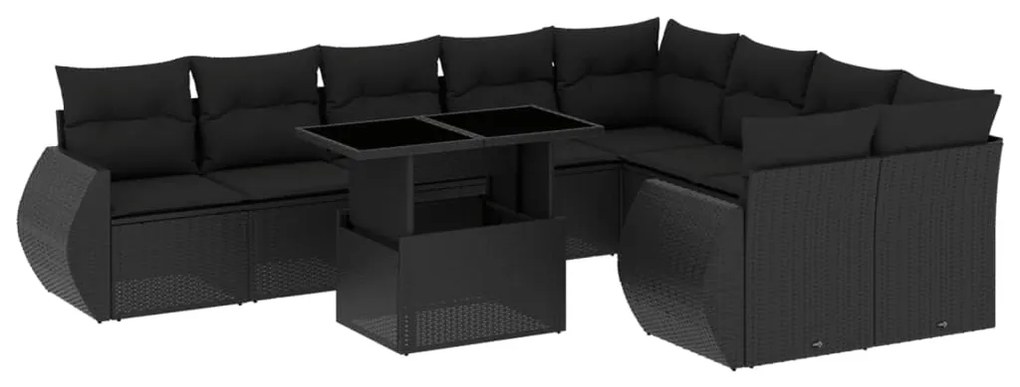 Set divani da giardino 10pz con cuscini in polyrattan nero